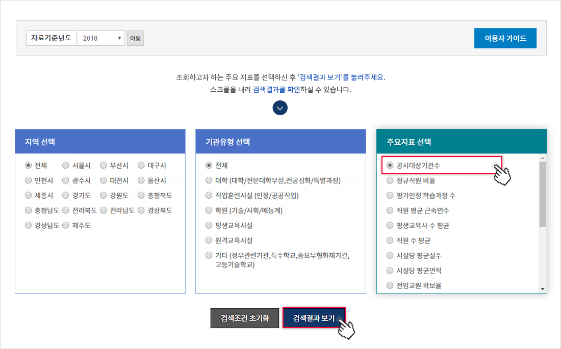 지표별 검색페이지에서  조회하고자 하는 주요 지표를 선택해주세요. (단일선택) 지표 선택을 마치셧으면 '검색결과보기'를 눌러 결과를 확인하세요. 스크롤을 내려 검색 결과를 확인하실 수 있습니다.