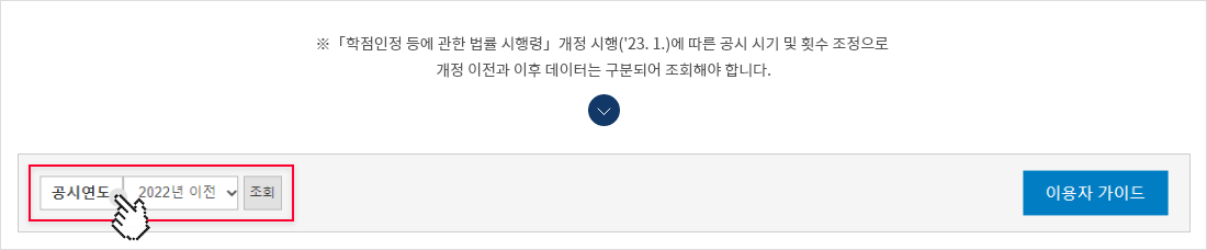 「학점인정 등에 관한 법률 시행령」개정 시행('23.1.)에 따른 공시 시기 및 횟수 조정으로 개정 이전과 이후 데이터는 구분되어 조회해야 합니다. 공시 연도를 선택해주세요.
